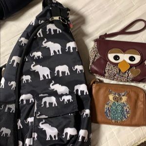 Elephant backpack and 2 Owl wristlets.